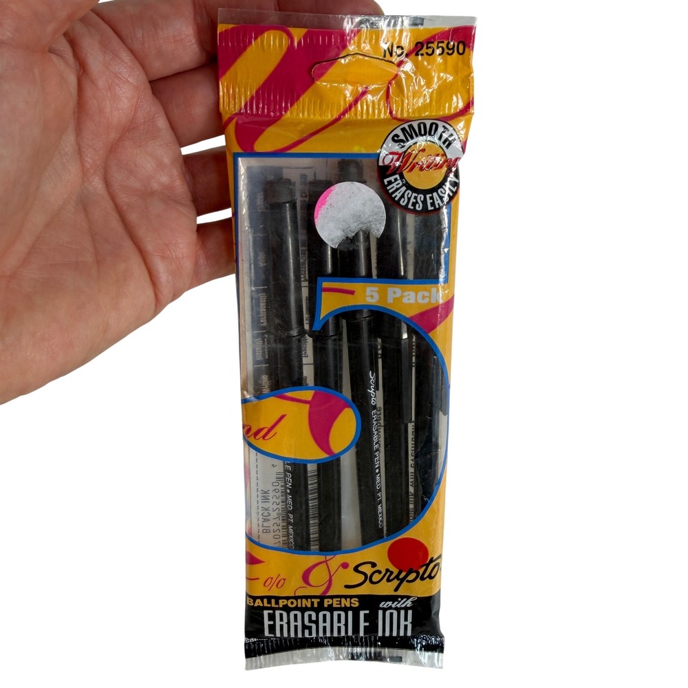 Scripto 5 Pack Ballpoint Pens Erasable Ink Medium Pt Vintage 1993 Black No 25590